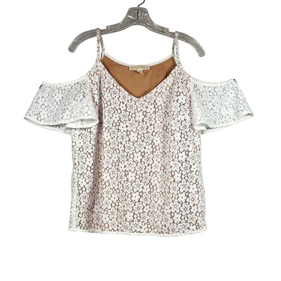 MICHAEL KORS MK White Nude Floral Lace V-Neck Cold Shoulder, Size M - Picture 2 of 6